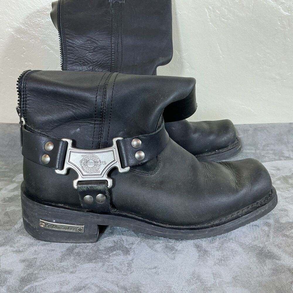 Milwaukie Biker Harness Boots Motorcycle 10 D Black Leather Men’s pull on Zipper